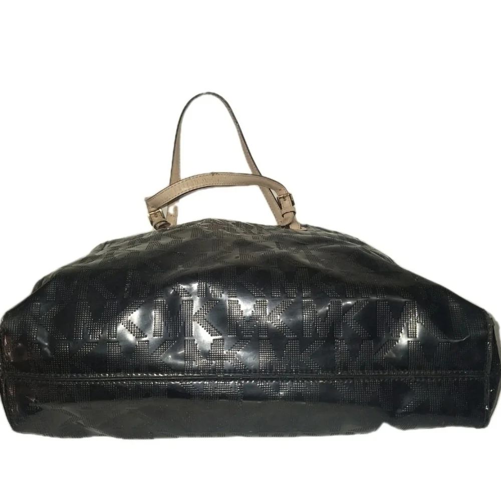 Michael Kors Large Jet Set Logo Tote Black Shoulder Patent Leather Bag Purse - Picture 6 of 17